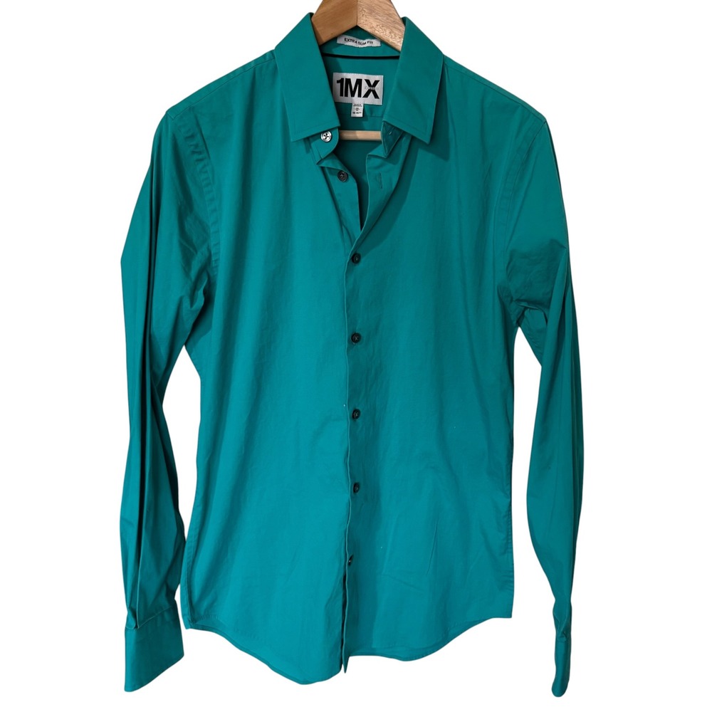 Express 1MX Shirt mens‎ 15.5 Teal Excellent Extra Slim Fit Button Down mEdium